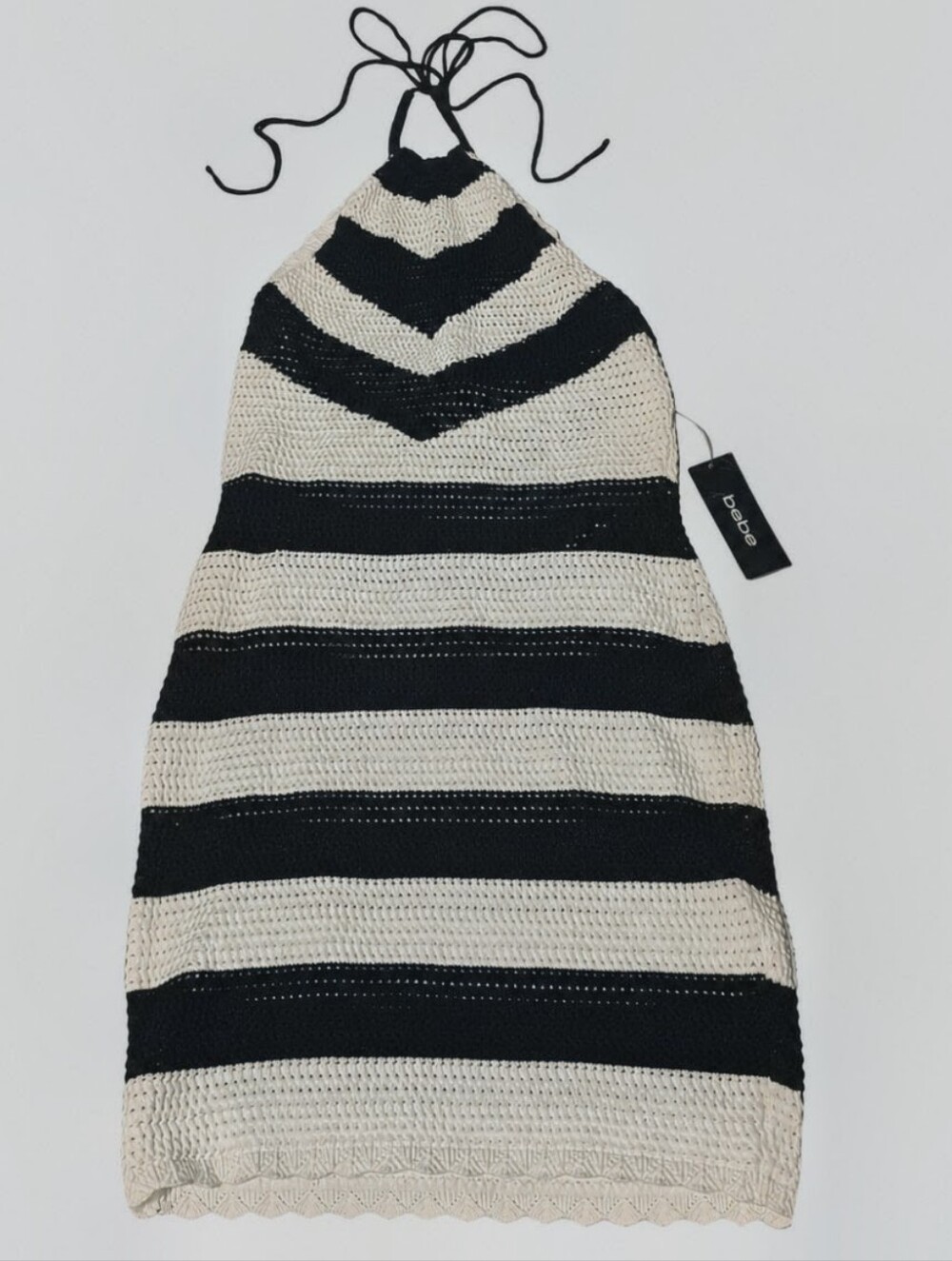 bebe Women's Sz Large Black and White Striped Crochet Halter Mini Dress